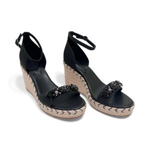 KARL LAGERFELD PARIS Catalyna Embellished Wedge Espadrille Sandals Black 10 NEW
